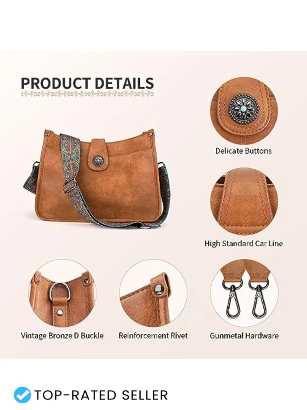Vegan Leather Hobo Crossbody Bag with 2 Detachable Straps